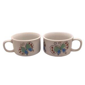 Vintage Butterfly Soup Bowls Cocoa Mugs Large Stoneware 16 oz MCM Boho